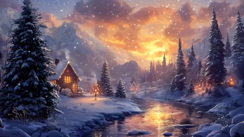 Snowy mountain cabin glows beside reflective winter river