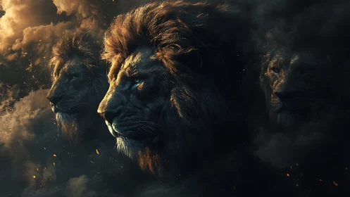 Majestic Lion Emerges Through Golden Light and Smoke