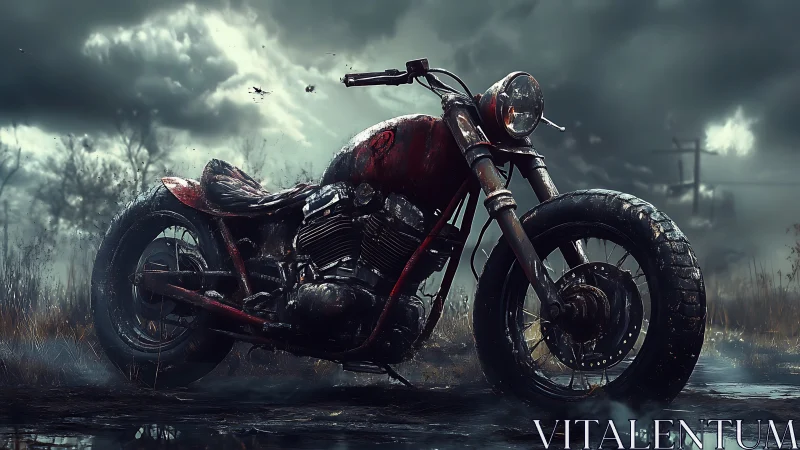 Weathered red motorcycle rests under a brooding storm sky