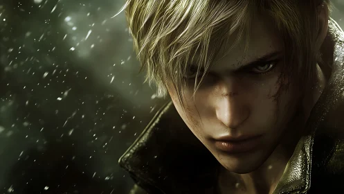 Storm-lit hero with fierce green eyes and quiet resolve.