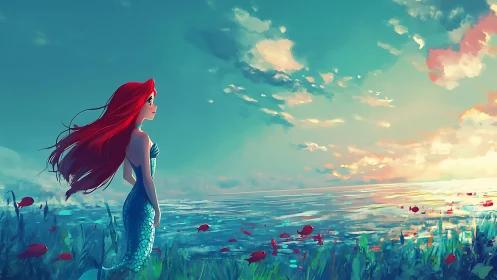 Mermaid profile study in saturated sunset coastal lighting conditions