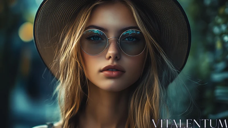 Stylish blonde portrait with round glasses and sun hat.