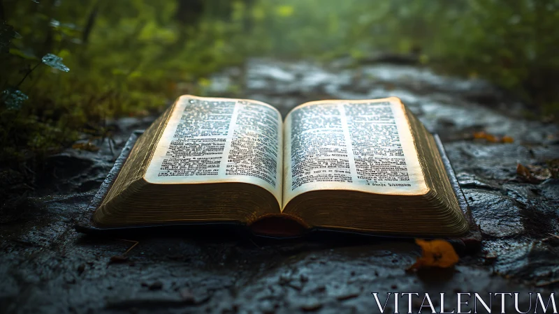 Illuminated open bible on wet stone path in forest clearing