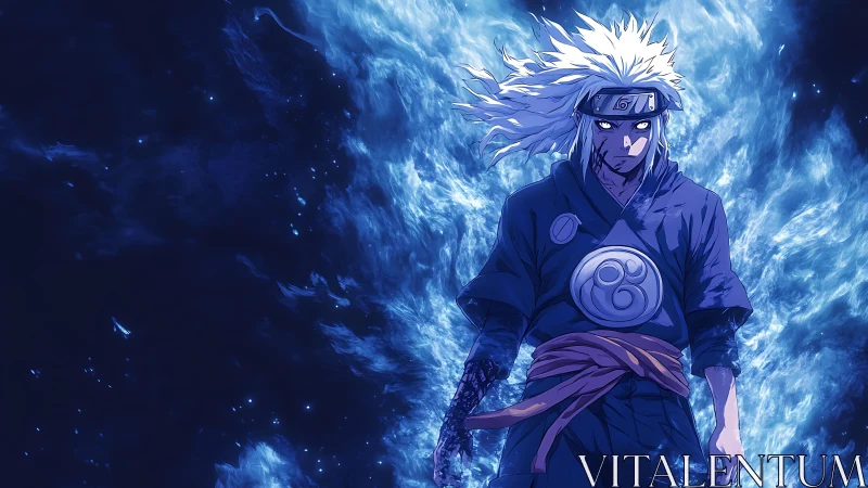 Storm-lit anime warrior walking through swirling blue fire.