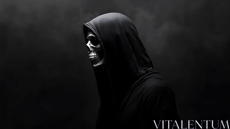 Hooded reaper strolls through smoke-drenched midnight silence.