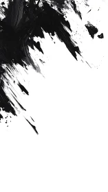 Black paint strokes diagonally sweep across white space