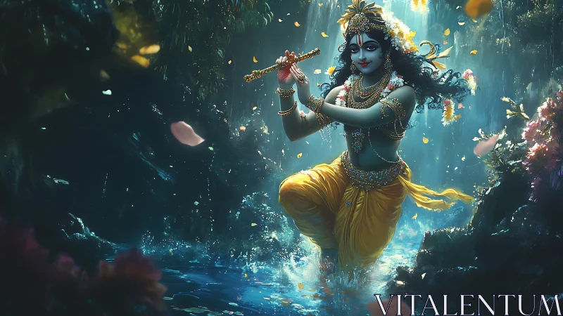 Divine flute player walks through glowing mystical forest stream