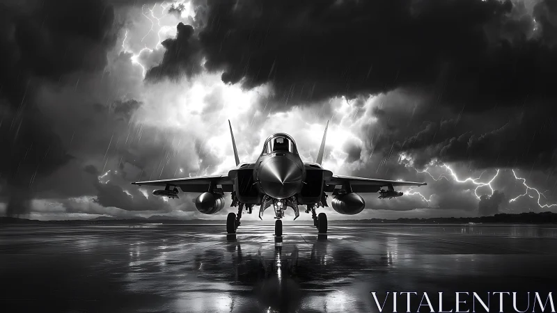 Stormlit jet fighter stands on wet runway in monochrome realism