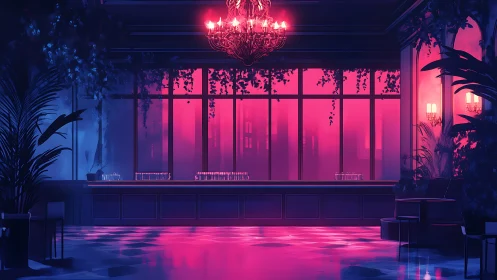 Neon-lit cocktail lounge glows under a crimson chandelier.