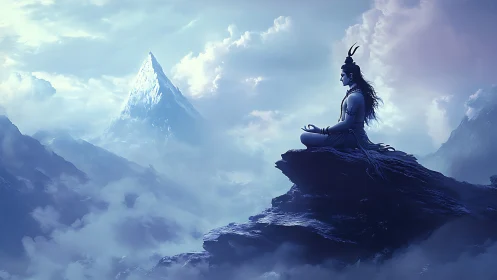 Meditating figure on mountain ledge in misty blue landscape.