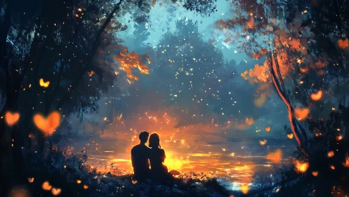 Couple silhouette embraced in golden light among floating hearts.