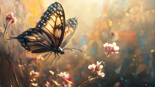 Sunlit monarch drifts through painted petals and golden haze.