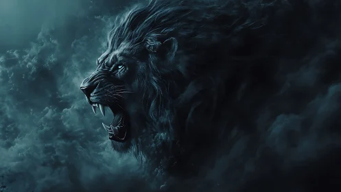 Mythic spectral lion materializes from storm-laden nebulous clouds