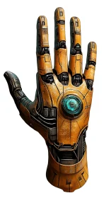 Mechanical orange cybernetic hand displays illuminated core