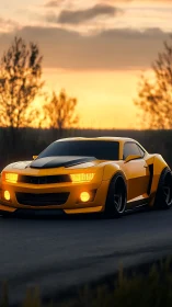 Sunset-charged yellow muscle car prowls the quiet highway.