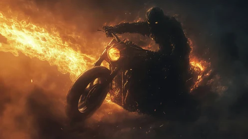 Flaming spectral rider on motorcycle in dense swirling smoke.