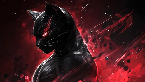 Shadow panther silhouette amid red inferno energy burst.
