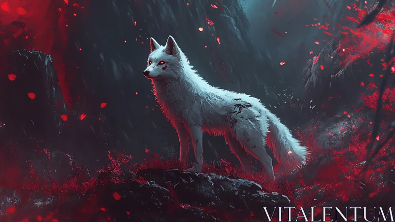 Ghostly white fox stands guard in a crimson, haunted forest