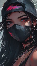 Masked street siren with neon eyes and stormlit resolve.