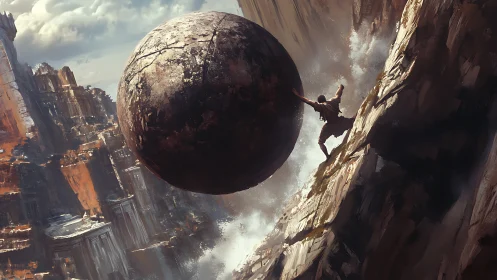 Mythic climber wrestles colossal stone over roaring chasm.