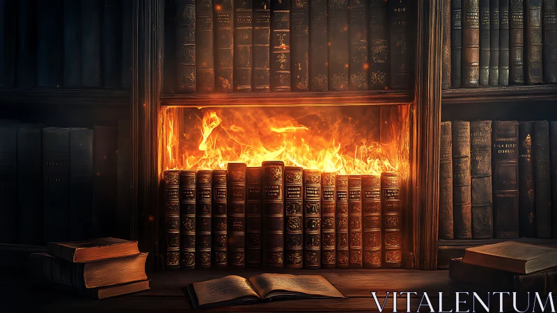 Blazing Knowledge: Burning Books in Fireplace Library.