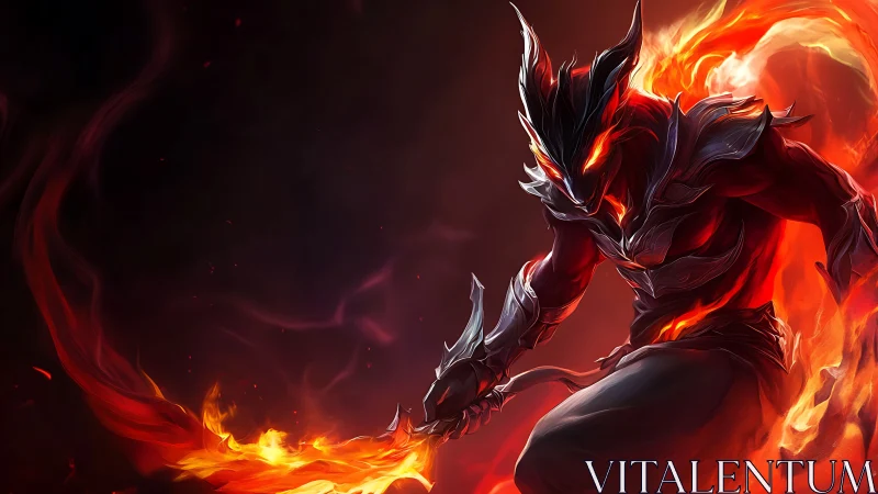 Flaming demon warrior ignites a dark void with blazing rage