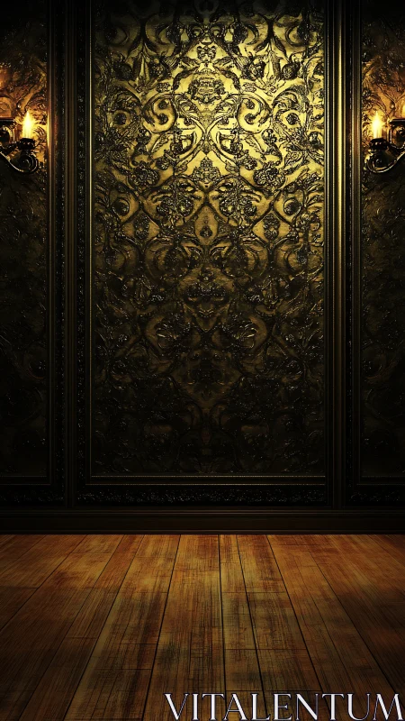 Gilded baroque panel wall with warm wooden floor stage.
