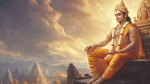 Golden divine king gazes over sunlit celestial templescape.