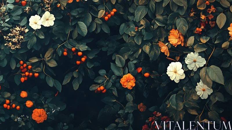 Moody floral foliage rendered in high-contrast digital chiaroscuro