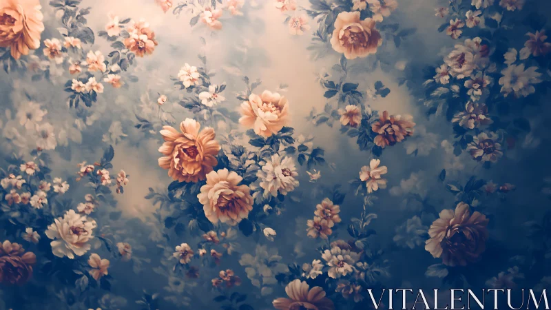 Dreamy Garden of Vintage Roses in Soft Peach and Blue.