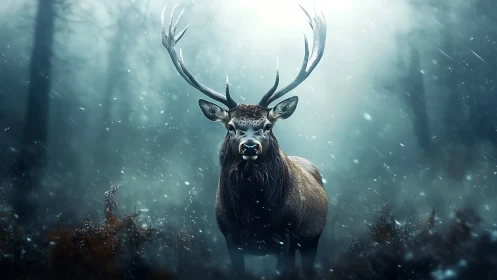 Stag with developed antlers in snowy misted forest setting.