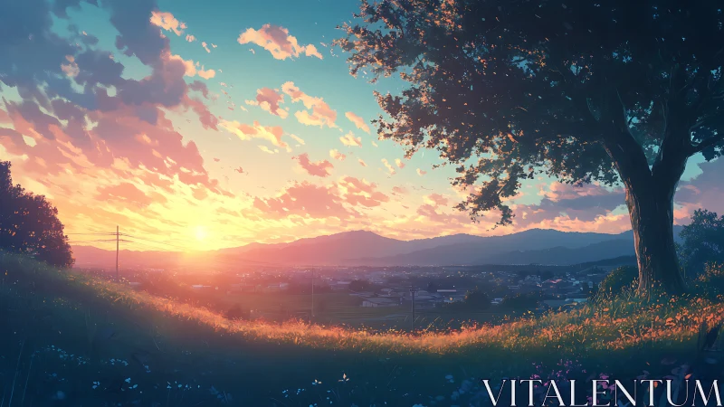 Sunlit rural valley under luminous anime sunset sky.