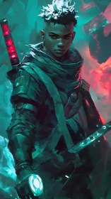 Neon dusk ronin ignites twin blades in chromatic storm.