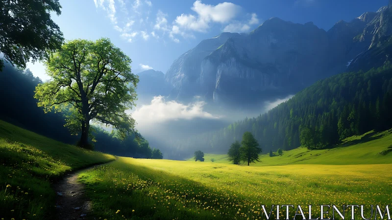 Sunlit alpine meadow under towering misty peaks.