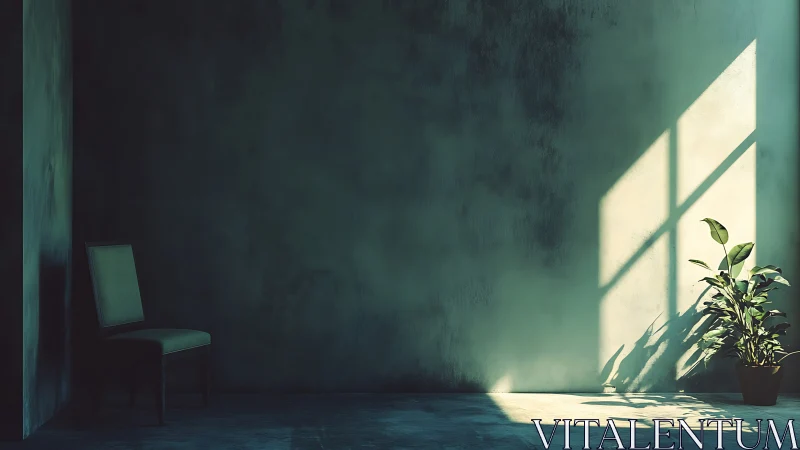 Diagonal window light isolates chair and plant in sparse room