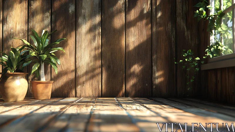 Sunlit wooden corner welcomes lush potted green plants gently
