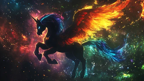 Starlit firewing unicorn gliding through glowing cosmic clouds.
