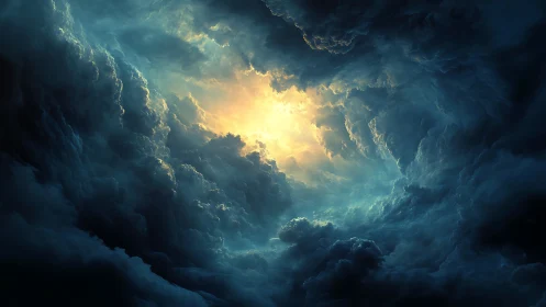 Dense storm cloud vortex with central bright light opening.