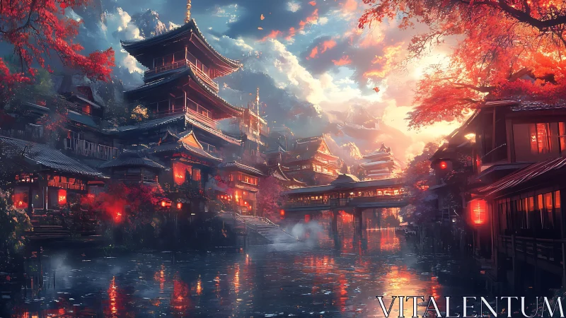 Digital painting of luminous riverside pagoda district at dusk.