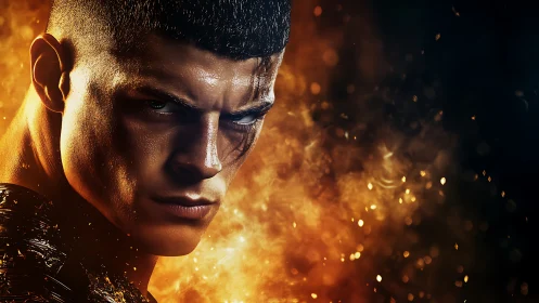 Scarred warrior portrait in cinematic firelit close-up view.