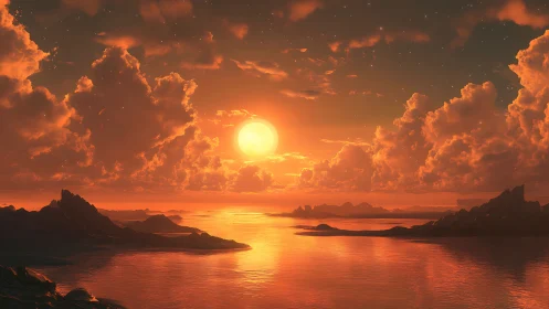 Molten sky over alien sea at blazing crimson sundown.