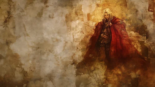 Vampiric swordsman stands in red cloak on worn parchment field