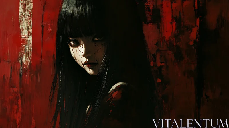 Haunting girl in shadows confronts viewer against scarlet wall