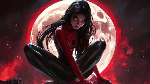 Female spider-suited figure crouching before full moon.