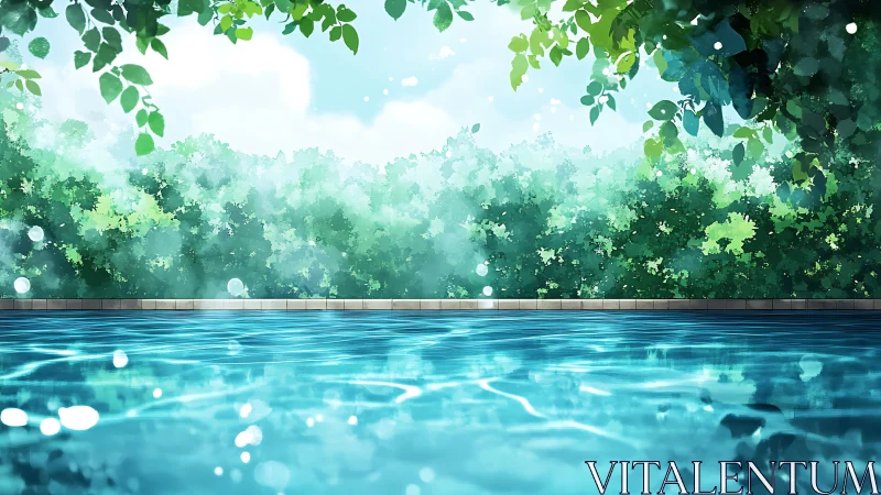 Sunlit garden pool shimmering under soft summer leaves.