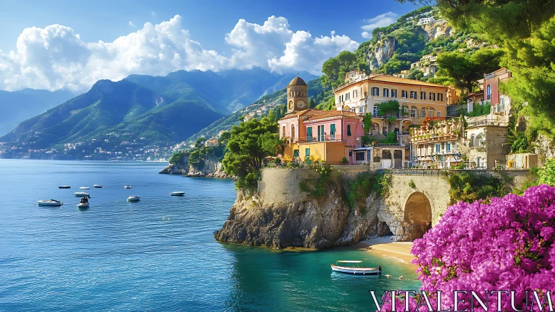 Photorealistic Amalfi coastline with cliffside architecture focus.