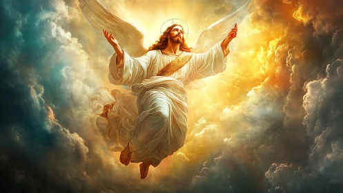 Radiant angel rising through golden clouds of gentle light.