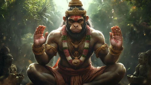 Radiant monkey deity sits in tranquil forest blessing viewers