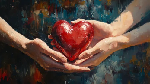 Hands Cradle Luminous Red Heart Against Abstract Canvas.