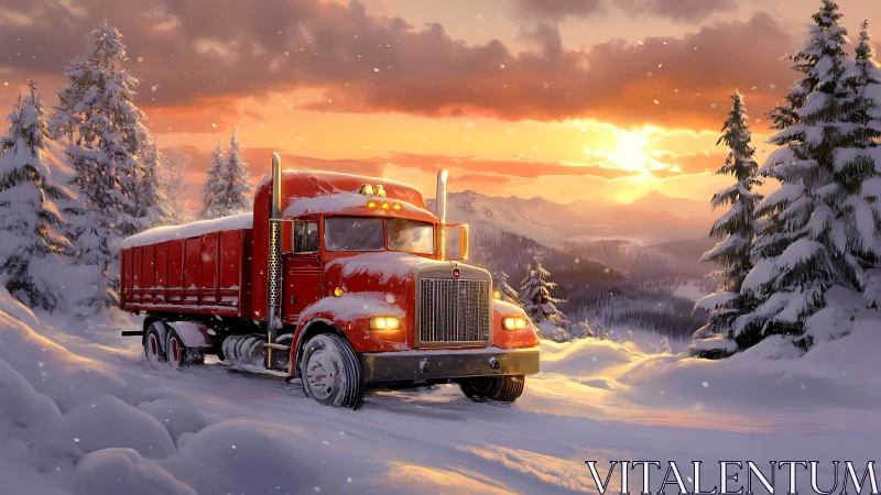 Crimson winter truck rolls gently through glowing snowy pines